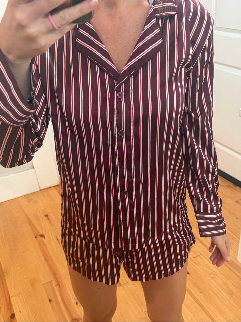 Striped Satin Pajama Set - Burgundy/Pink
